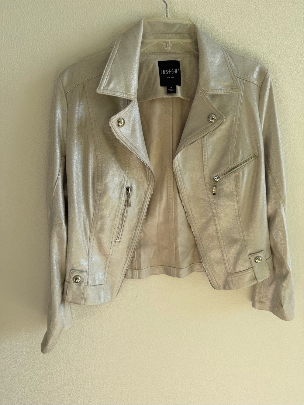 Insight Metallic Cream Leather Moto Jacket